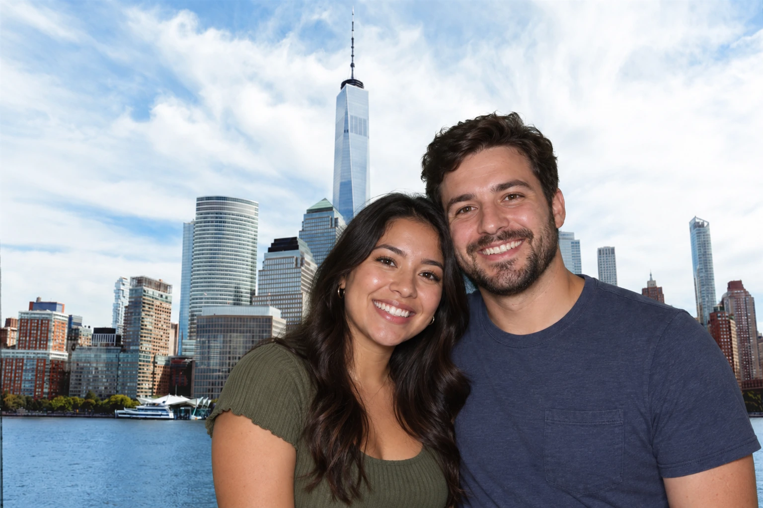 Couple photographed with New York skyline background